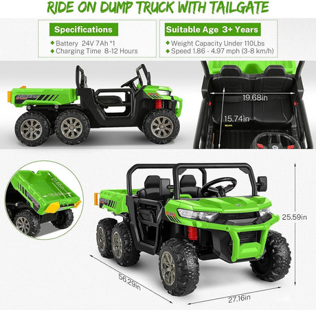2 Seater 24V Dump Truck Ride On Car with Electric Dump Bed & Shovel - Remote Control Included