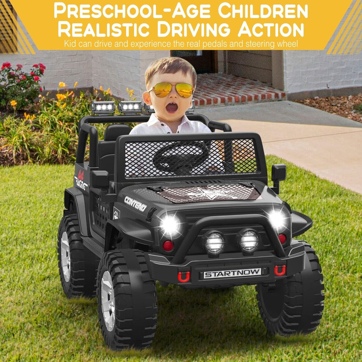 2-Seater Kids Ride-On Truck with Remote Control, LED Lights, Music, and Double Doors
