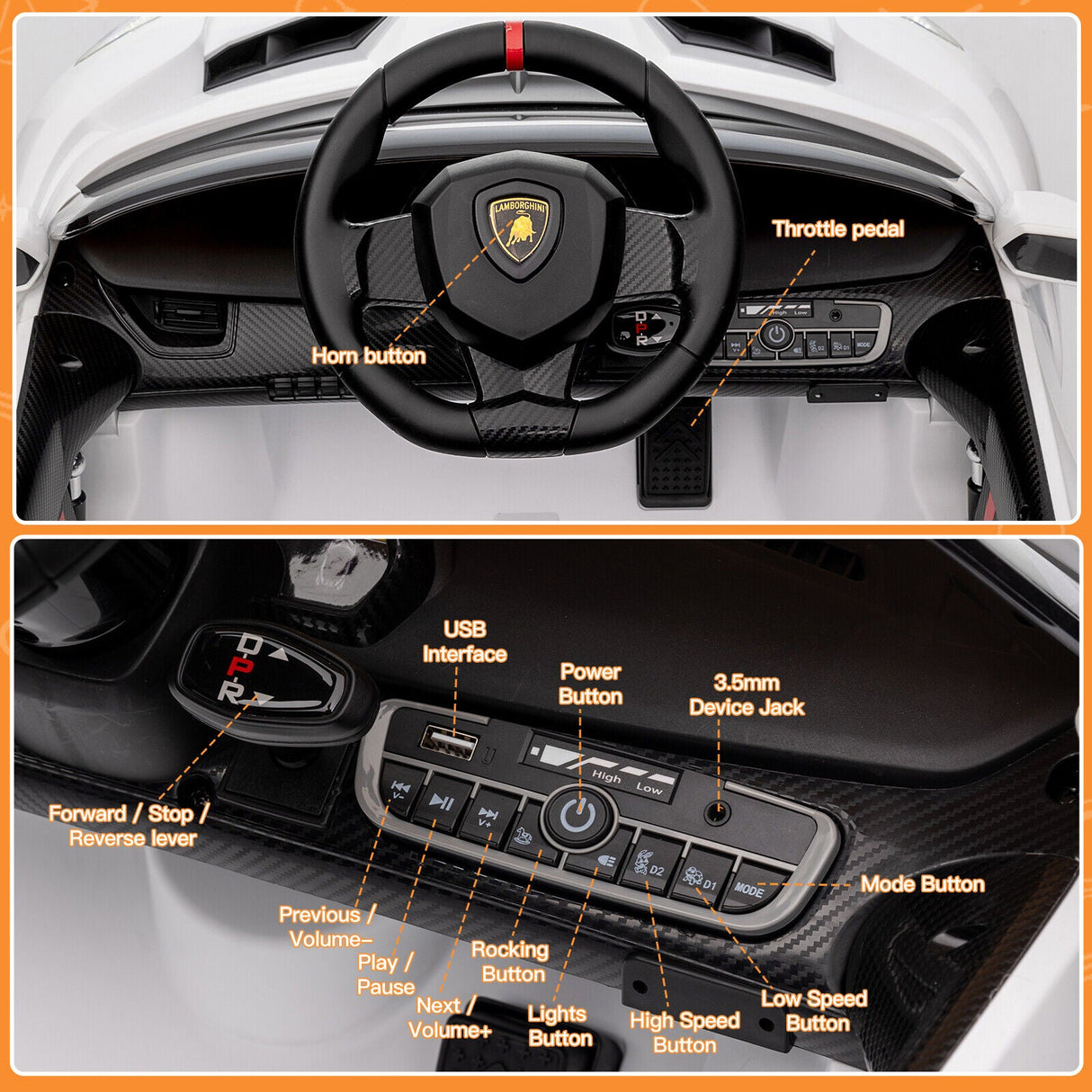 2-Seater Licensed Lamborghini Kids Ride On Car with Remote Control - 12V Electric Vehicle