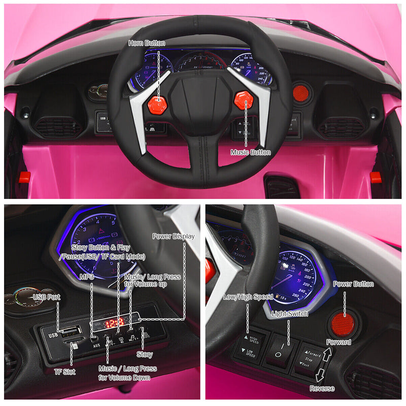 Electric Pink Ride-On Car for Kids with Remote Control, Lights, Music, and Openable Doors