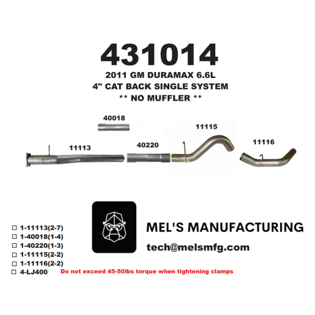 2011-2015 Duramax LML 4" Cat Back Exhaust No Muffler (431014)