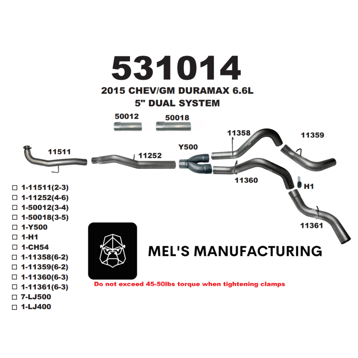 2015.5-2016 Duramax LML 5" Downpipe Back Dual Exhaust No Muffler (531014)