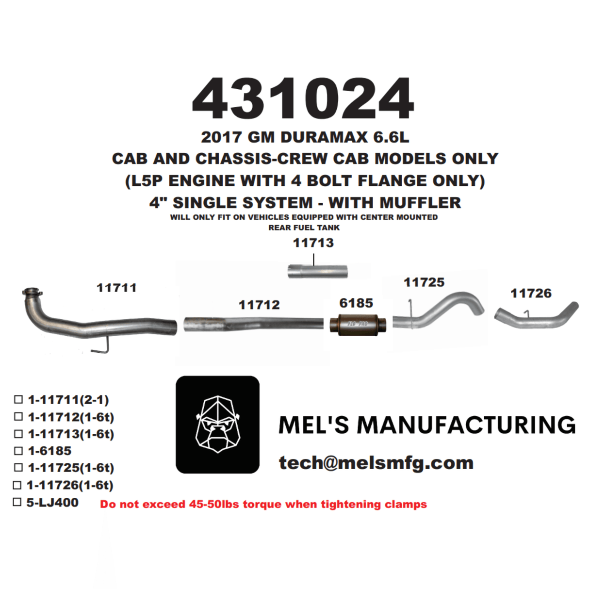 2017-2019 Duramax L5P Cab & Chassis 4" Downpipe Back Exhaust w/ Muffler (431024)