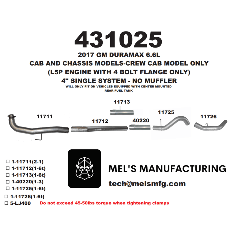 2017-2019 Duramax L5P Cab & Chassis Downpipe Back Exhaust No Muffler (431025)