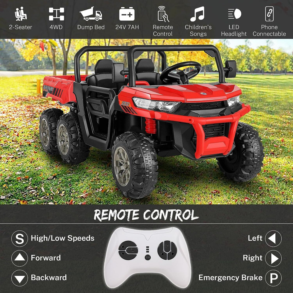 2 Seater 24V Electric Ride-On Car with Dump Bed and 4WD Tractor Trailer