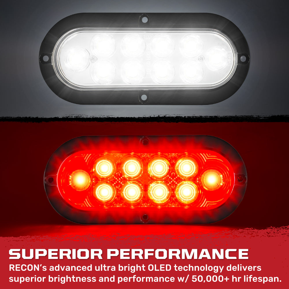 Red & White Oval 6" Universal 4-PC LED Trailer Tail Lights (Red Tail Lights, Brake Lights & Turn Signals, White Backup/Reverse Lights)