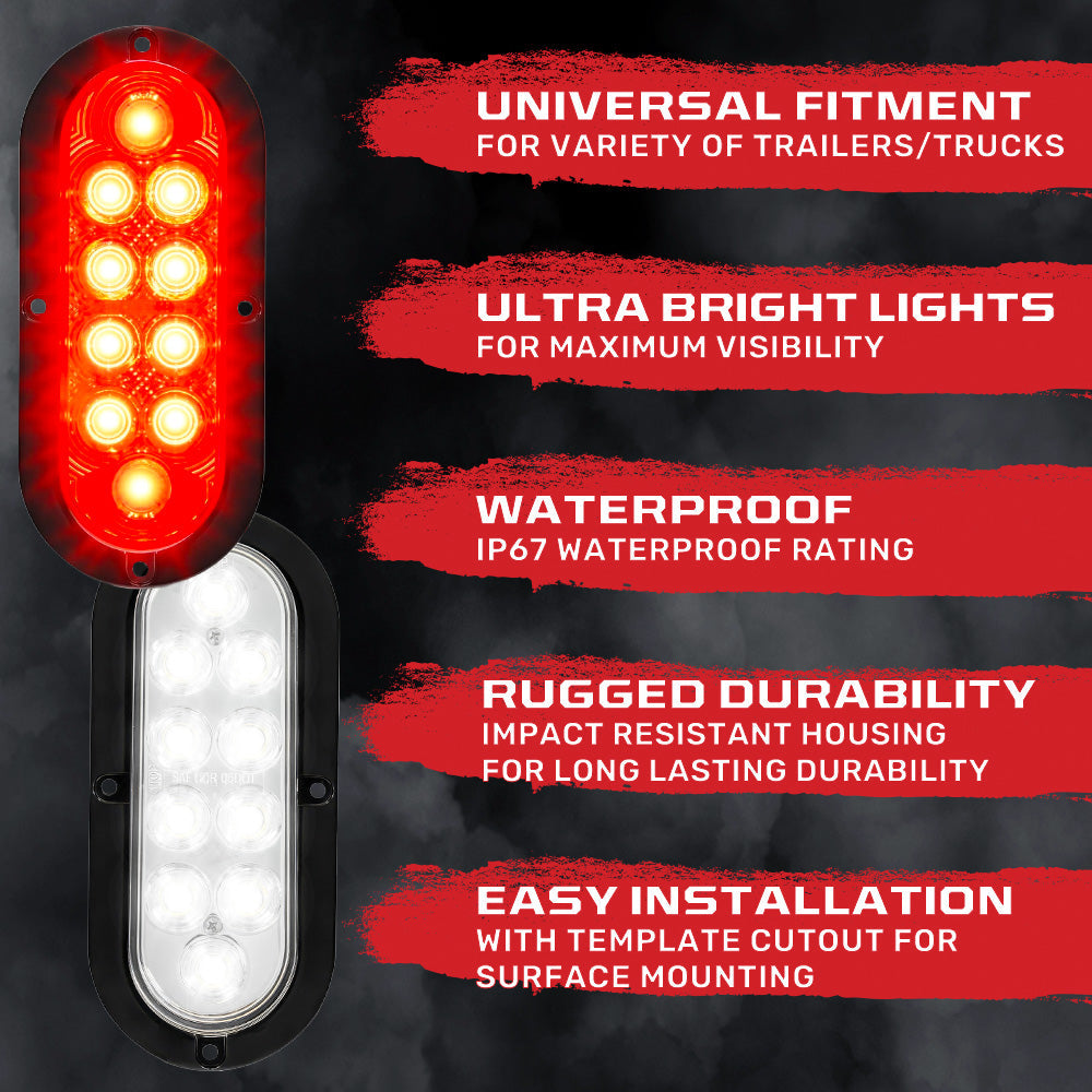 Red & White Oval 6" Universal 4-PC LED Trailer Tail Lights (Red Tail Lights, Brake Lights & Turn Signals, White Backup/Reverse Lights)