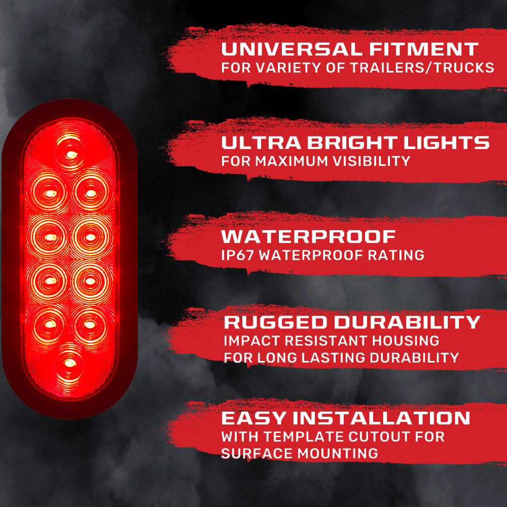 Red Oval 6" Universal 2-Pc LED Cargo Trailer Lights (Red Running Lights, Brake Lights & Turn Signals) 4-Wire Pin System