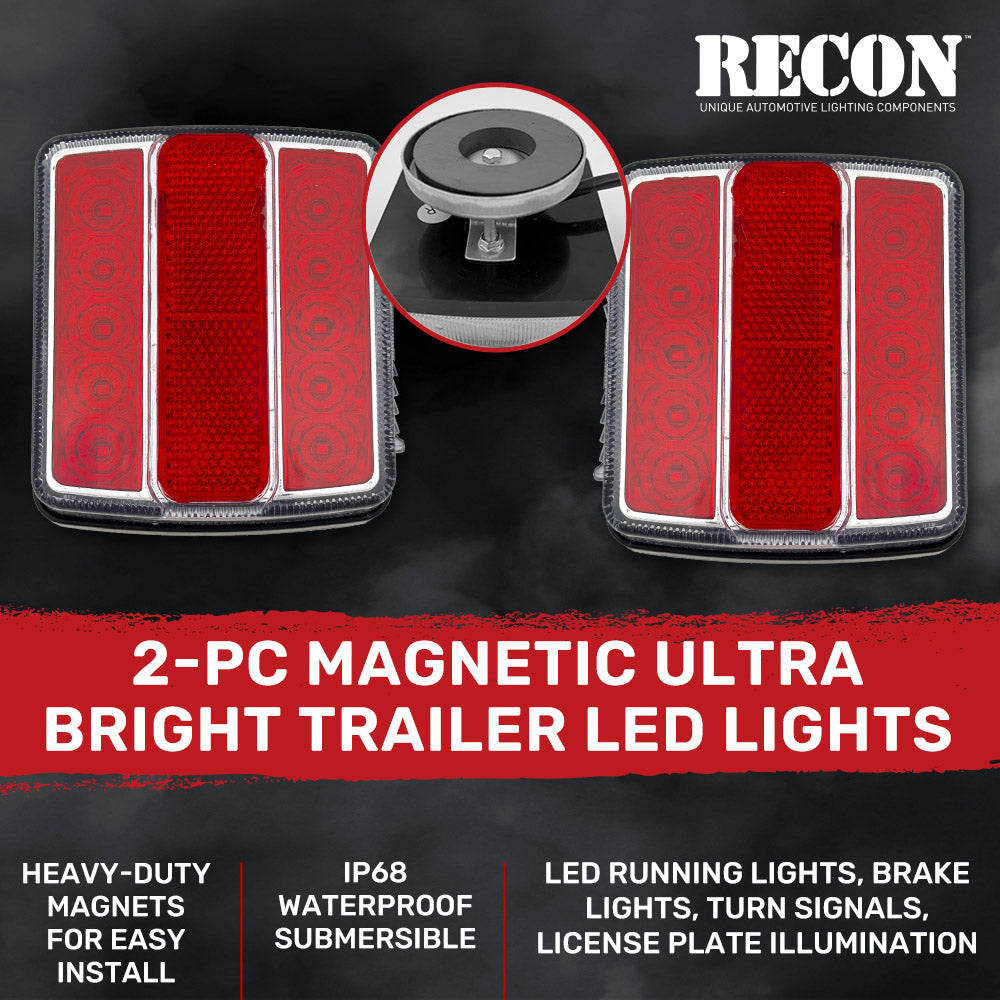 Red Magnetic 2-Pc Universal LED Trailer Lights (Red Running Lights, Brake Lights & Turn Signals) 7-Pin Plug