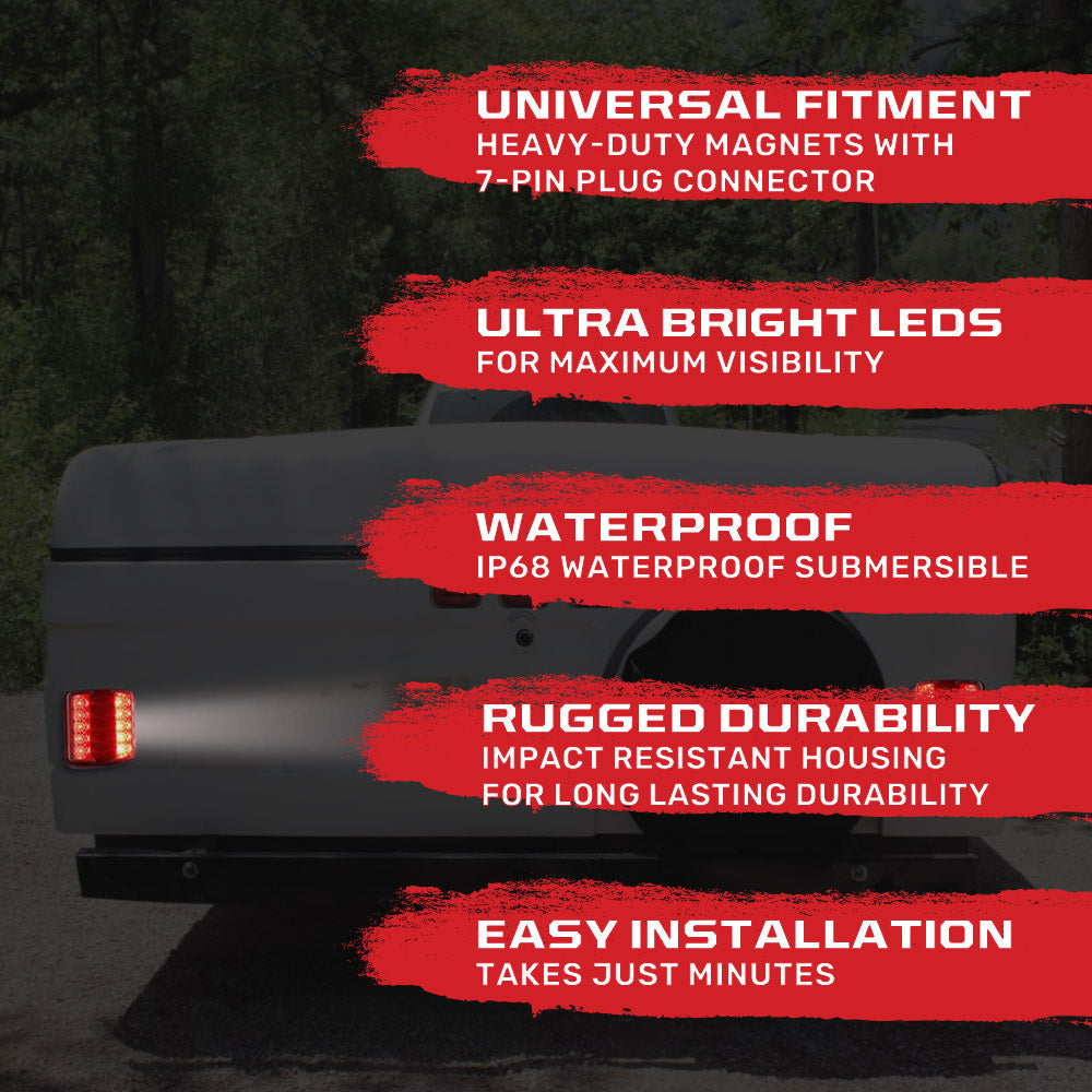 Red Magnetic 2-Pc Universal LED Trailer Lights (Red Running Lights, Brake Lights & Turn Signals) 7-Pin Plug