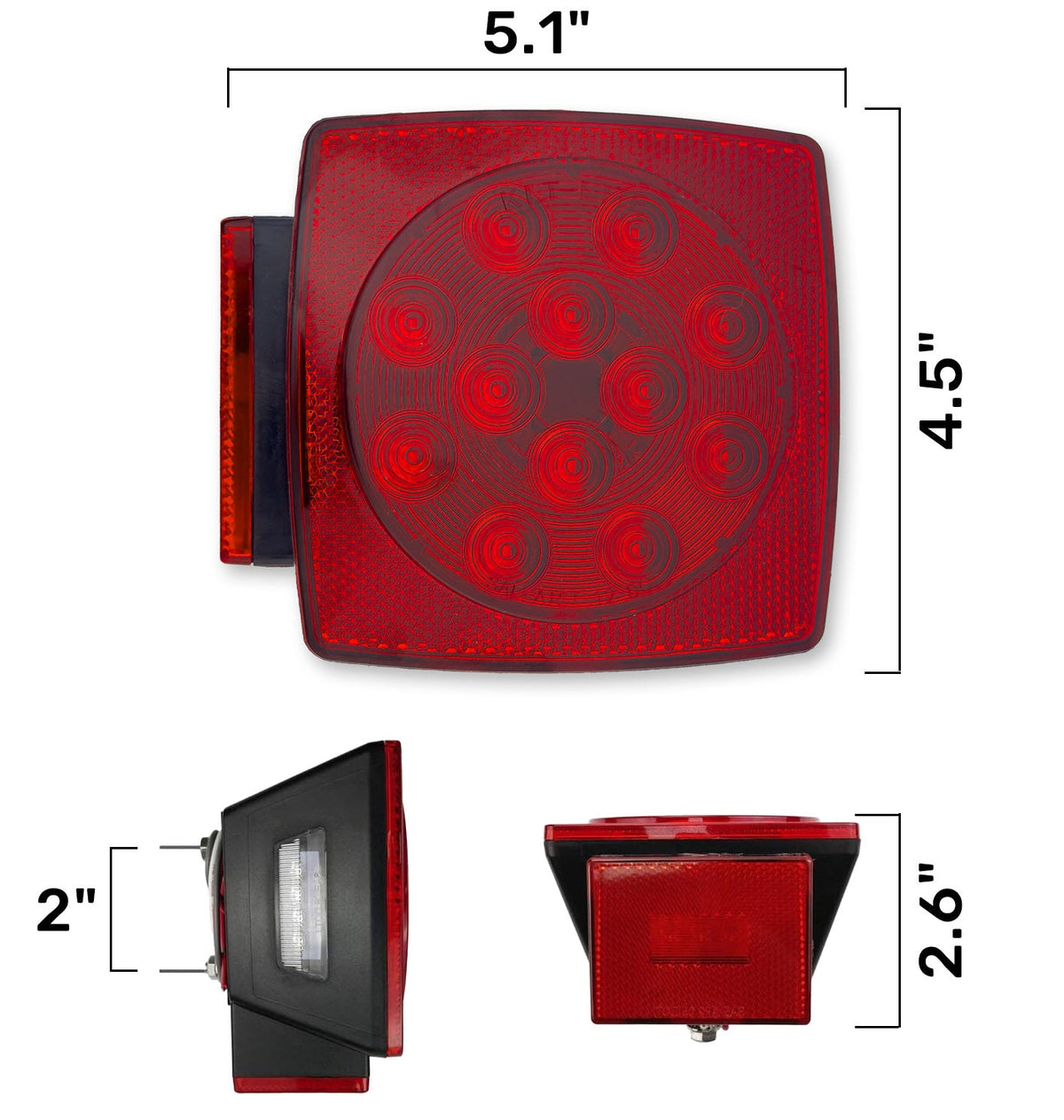 Red Square 2-Pc Universal LED Utility Trailer Lights (Red Running Lights, Brake Lights & Turn Signals)