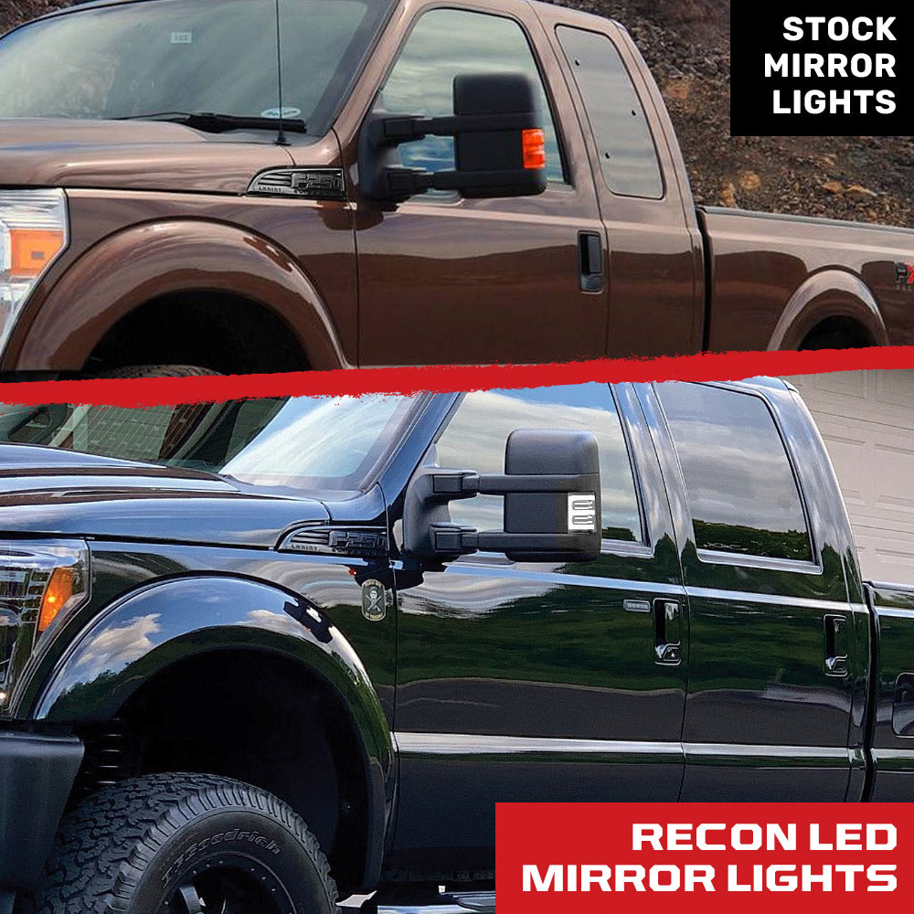 Ford 08-16 Super Duty F250/F350 Side Mirror Lenses (2-Piece Set) Ultra High Power White or Amber Running Lights & Scanning Amber Turn Signals Smoked or Clear Lens