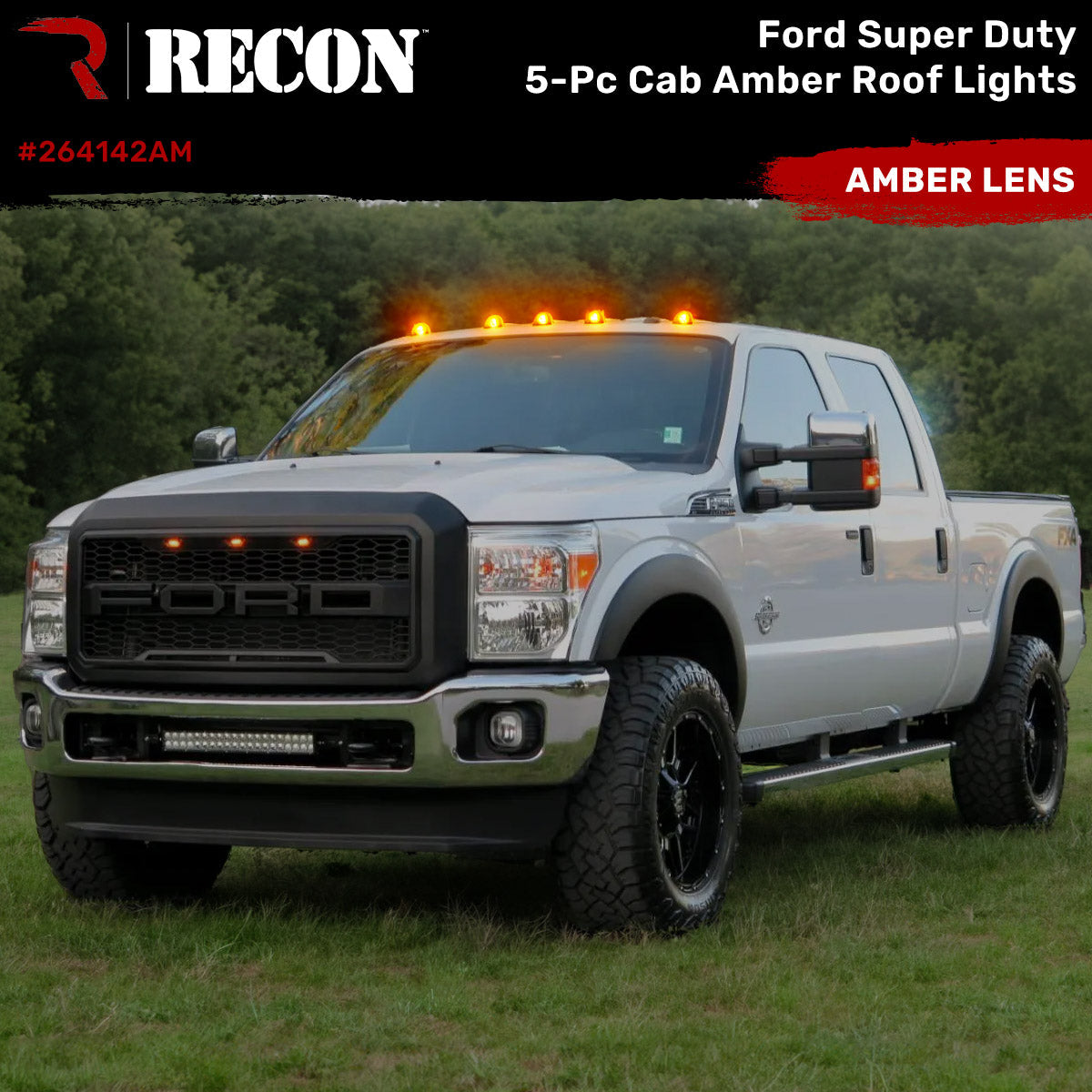 Ford Super Duty 99-16 5 Piece Cab Lights Amber Xenon Bulbs with Amber Lens - (Attn: This cab light kit replaces OEM factory installed Ford 99-16 cab roof light lenses)