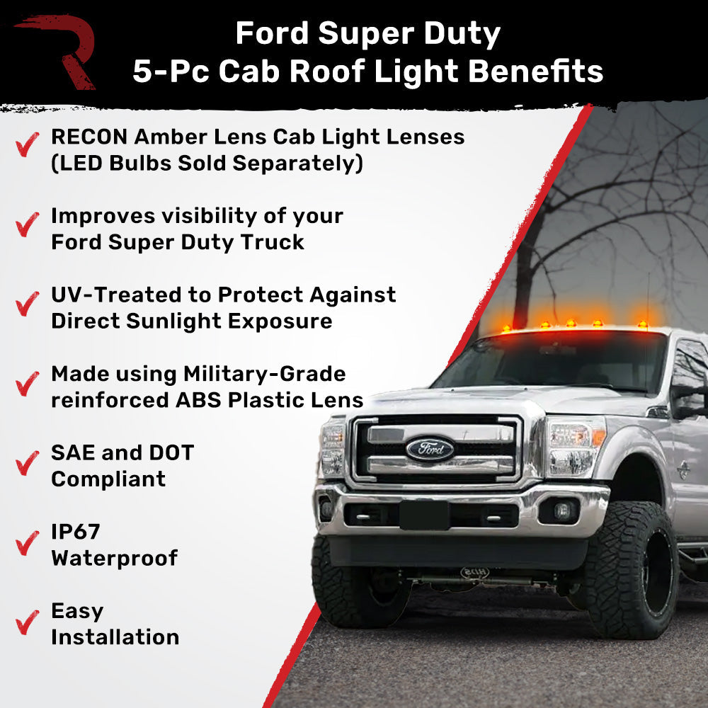 Ford Super Duty 99-16 5 Piece Cab Lights Amber Xenon Bulbs with Amber Lens - (Attn: This cab light kit replaces OEM factory installed Ford 99-16 cab roof light lenses)