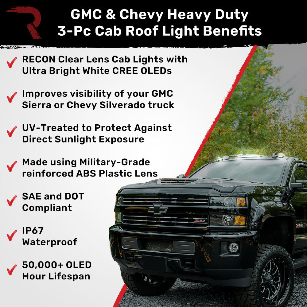 GMC & Chevy 15-19 Heavy-Duty 3 Piece Cab Roof Light Kit 2-Way Front & Rear Facing Ultra High-Power LEDs - Multiple Lens & Colors