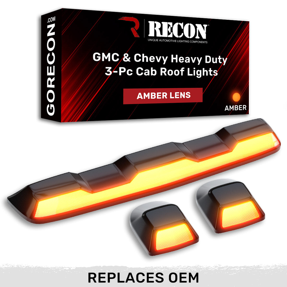 GMC & Chevy 20-26 (4th GEN Body Style) Heavy-Duty (3-Piece Set) Amber Cab Roof Light Lens with Amber LED’s - (Attn: This cab light kit replaces OEM factory installed cab roof lights)