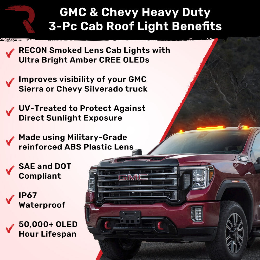 RECON - GMC & Chevy 20-26 (4th Gen) Heavy-Duty 3-Pc Cab Roof Light Set 2-Way Front & Rear Facing Ultra High-Power LED (ATTN: For models that DID NOT come with factory cab roof lights) - Multiple Options