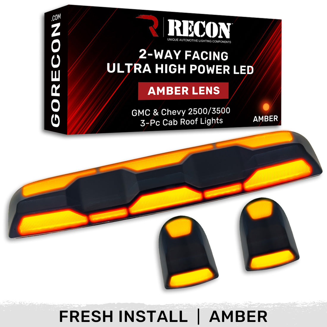 RECON - GMC & Chevy 20-26 (4th Gen) Heavy-Duty 3-Pc Cab Roof Light Set 2-Way Front & Rear Facing Ultra High-Power LED (ATTN: For models that DID NOT come with factory cab roof lights) - Multiple Options