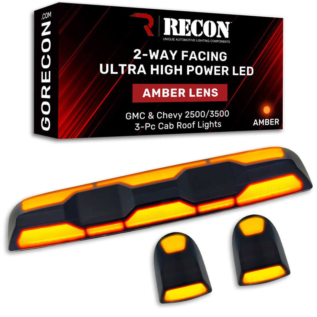 RECON - GMC & Chevy 20-26 (4th Gen) Heavy-Duty 3-Pc Cab Roof Light Set 2-Way Front & Rear Facing Ultra High-Power LED (ATTN: For models that DID NOT come with factory cab roof lights) - Multiple Options