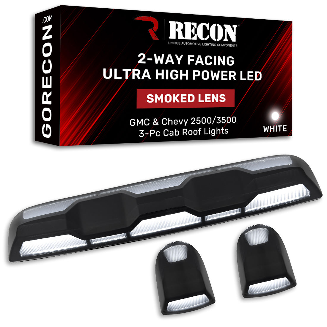 RECON - GMC & Chevy 20-26 (4th Gen) Heavy-Duty 3-Pc Cab Roof Light Set 2-Way Front & Rear Facing Ultra High-Power LED (ATTN: For models that DID NOT come with factory cab roof lights) - Multiple Options