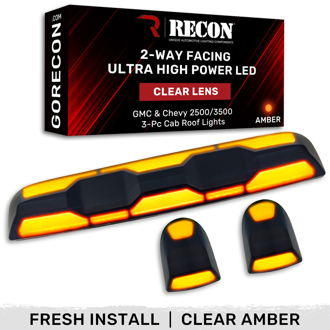 RECON - GMC & Chevy 20-26 (4th Gen) Heavy-Duty 3-Pc Cab Roof Light Set 2-Way Front & Rear Facing Ultra High-Power LED (ATTN: For models that DID NOT come with factory cab roof lights) - Multiple Options