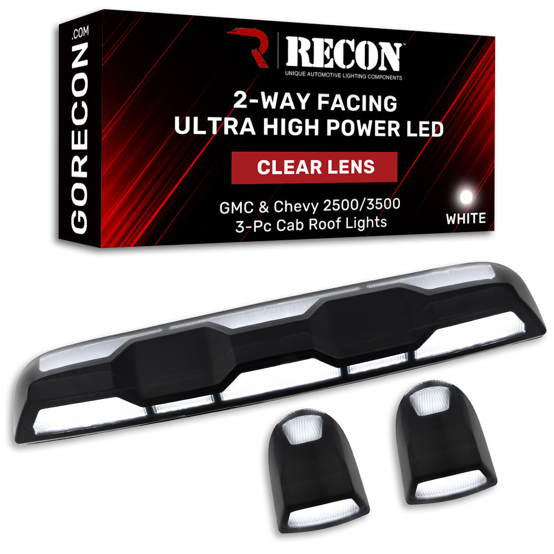 RECON - GMC & Chevy 20-26 (4th Gen) Heavy-Duty 3-Pc Cab Roof Light Set 2-Way Front & Rear Facing Ultra High-Power LED (ATTN: For models that DID NOT come with factory cab roof lights) - Multiple Options
