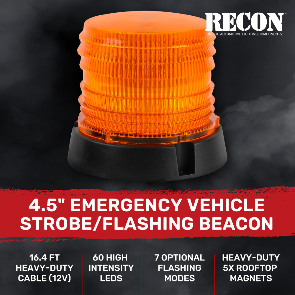 Exterior Roof Mounted 360 Degree 4.5" Warning 60 LED Strobe/Flashing Light Beacon in Amber - Magnet Suction Cups Installation with 16 ft Heavy Duty A/C Adapter Plug w/ 7 Lighting Functions