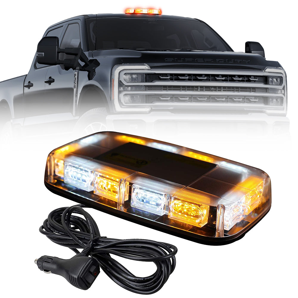 Roof Mounted 360 Degree 12" Emergency LED Strobe/Flashing Light Bar in Amber & White - Magnetic Suction Cup Installation with 16 Lighting Functions