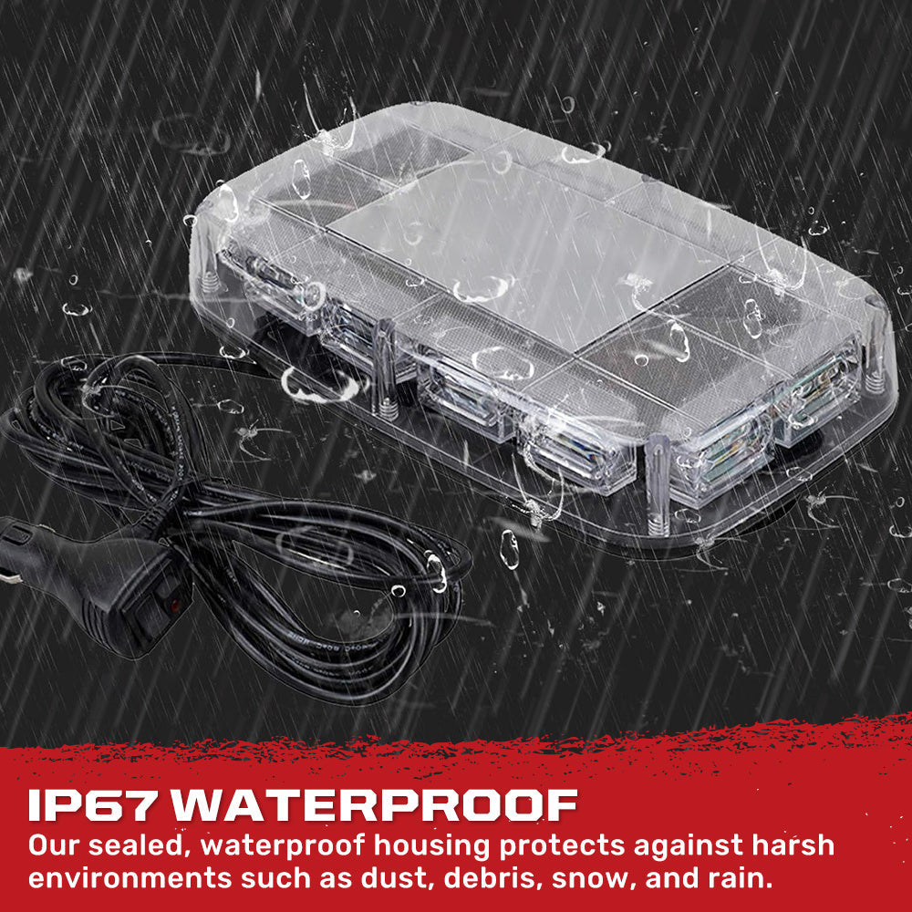 Roof Mounted 360 Degree 12" Emergency LED Strobe/Flashing Light Bar in Amber & White - Magnetic Suction Cup Installation with 16 Lighting Functions