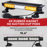 Exterior Roof Mounted 15" Emergency LED Strobe Light Bar in Amber & White - HD Magnetic Suction Cup Installation w/ 7 Light Functions