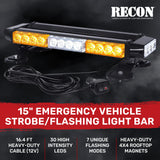 Exterior Roof Mounted 15" Emergency LED Strobe Light Bar in Amber & White - HD Magnetic Suction Cup Installation w/ 7 Light Functions