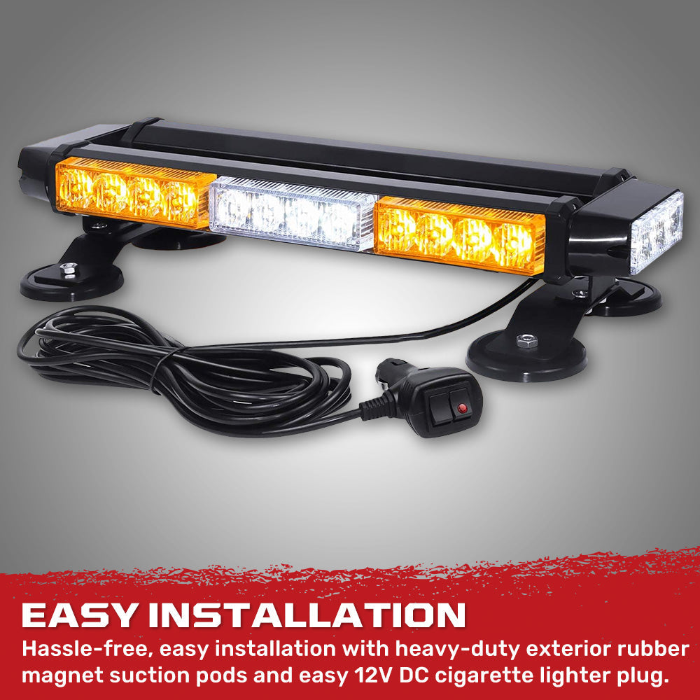 Exterior Roof Mounted 15" Emergency LED Strobe Light Bar in Amber & White - HD Magnetic Suction Cup Installation w/ 7 Light Functions
