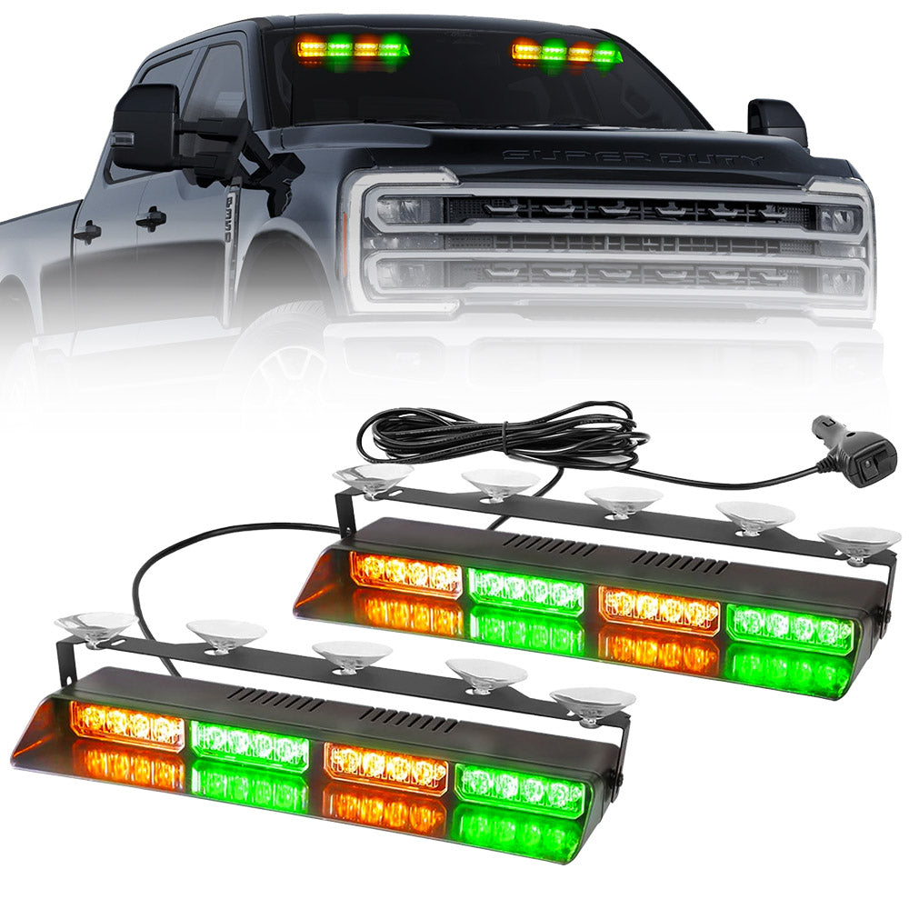 Interior Front Window 2-PC 14" LED Strobe Light Bars Suction Cup Installation A/C Adapter Plug & Play 26 Light Functions - Multiple Colors