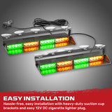 Interior Front Window 2-PC 14" LED Strobe Light Bars Suction Cup Installation A/C Adapter Plug & Play 26 Light Functions - Multiple Colors