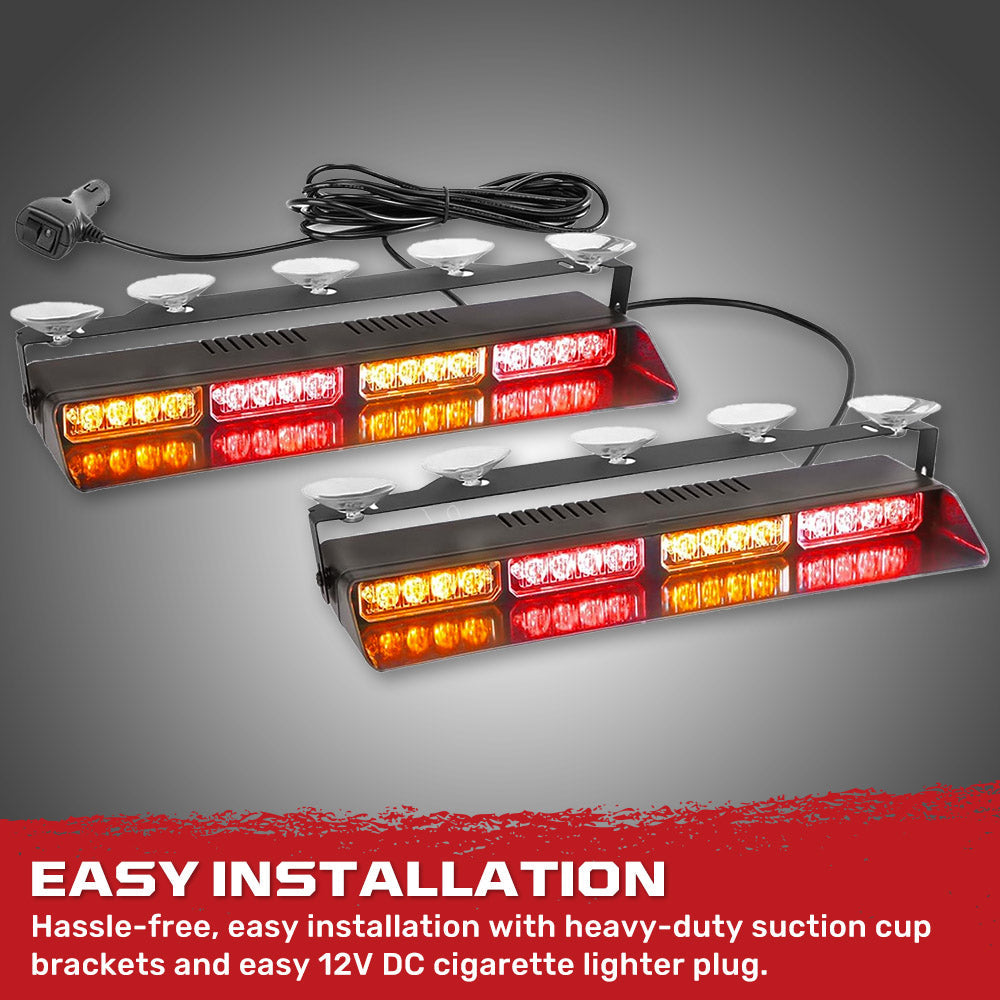 Interior Front Window 2-PC 14" LED Strobe Light Bars Suction Cup Installation A/C Adapter Plug & Play 26 Light Functions - Multiple Colors