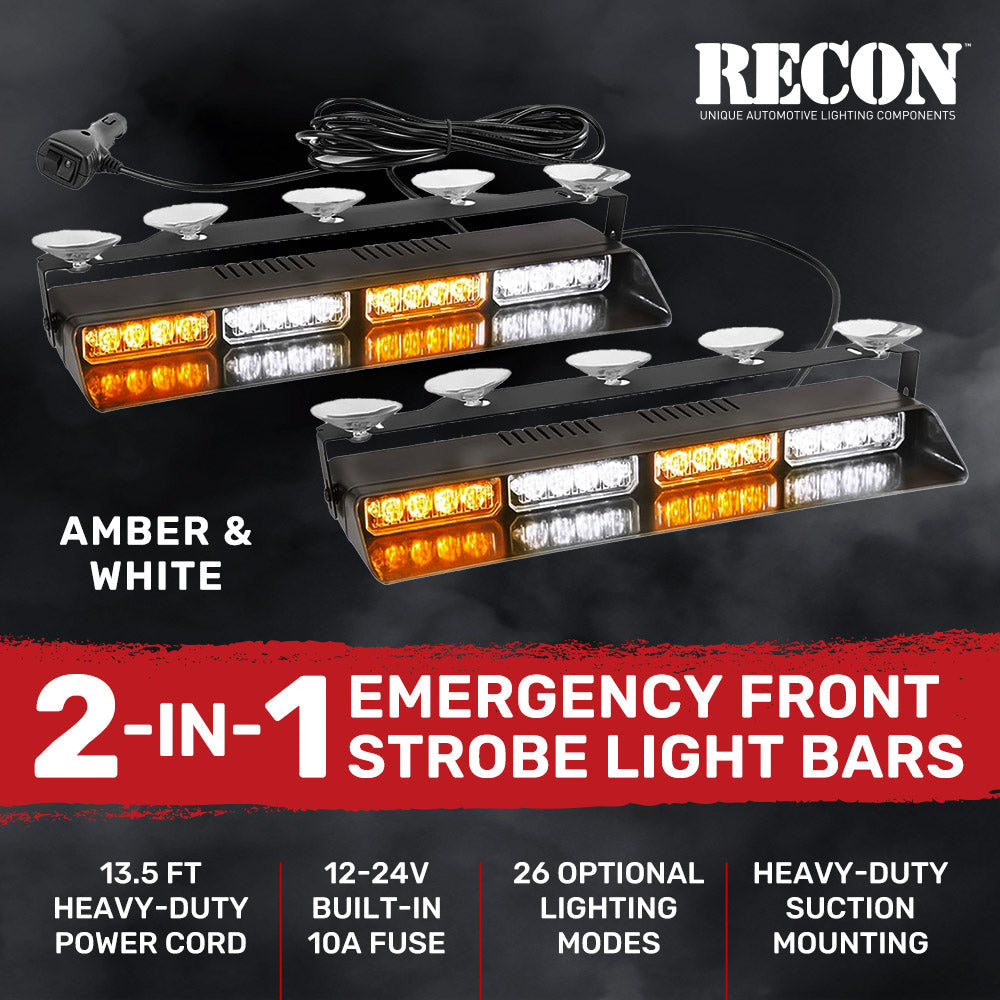 Interior Front Window 2-PC 14" LED Strobe Light Bars Suction Cup Installation A/C Adapter Plug & Play 26 Light Functions - Multiple Colors