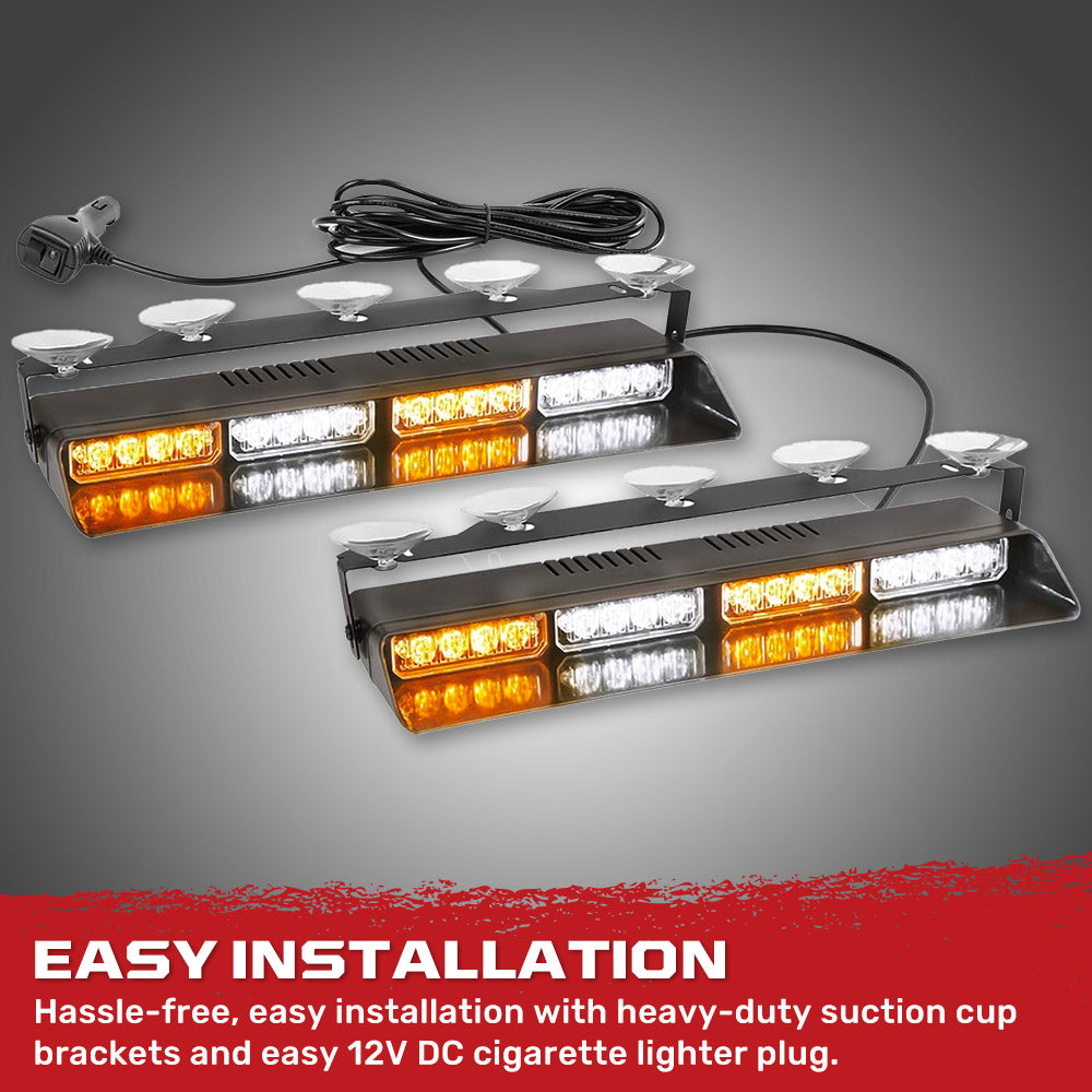Interior Front Window 2-PC 14" LED Strobe Light Bars Suction Cup Installation A/C Adapter Plug & Play 26 Light Functions - Multiple Colors