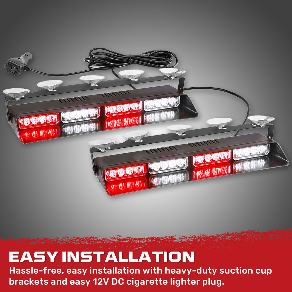 Interior Front Window 2-PC 14" LED Strobe Light Bars Suction Cup Installation A/C Adapter Plug & Play 26 Light Functions - Multiple Colors