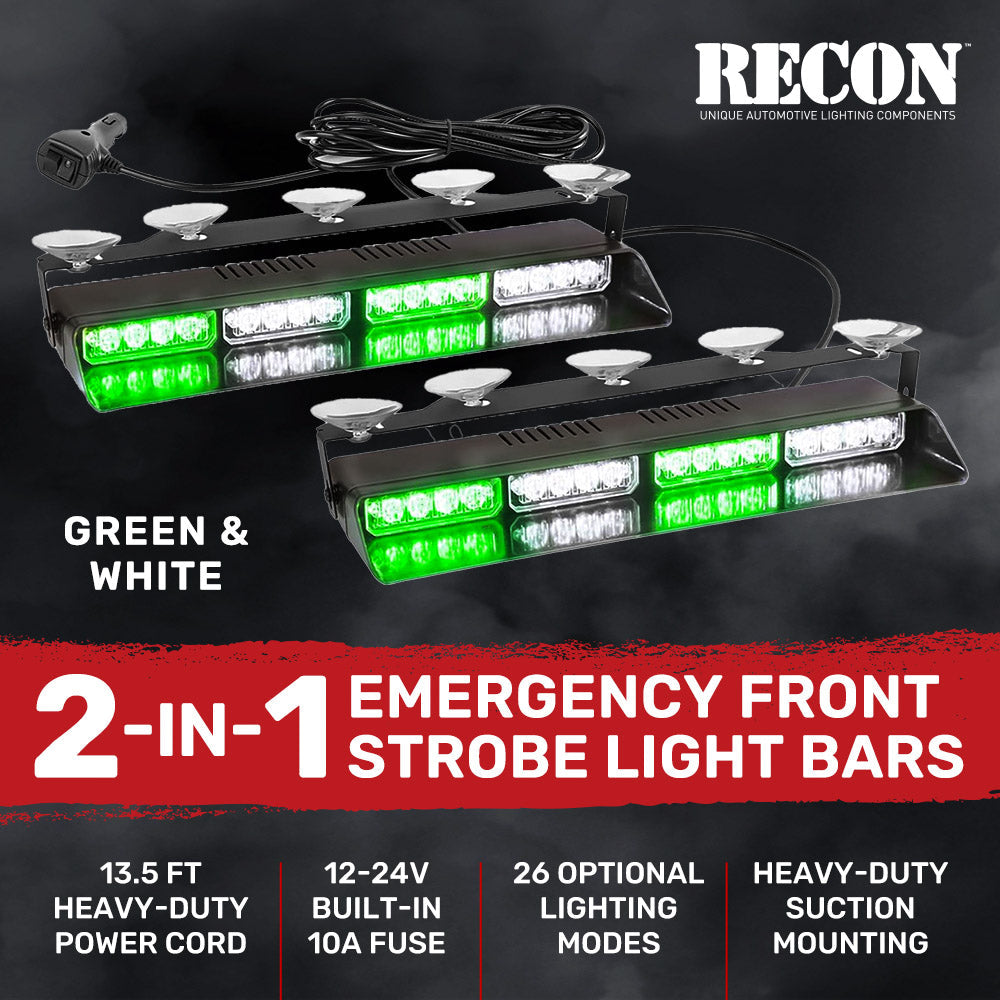 Interior Front Window 2-PC 14" LED Strobe Light Bars Suction Cup Installation A/C Adapter Plug & Play 26 Light Functions - Multiple Colors