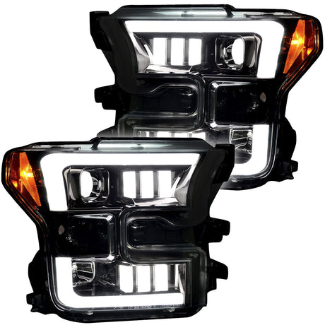 Ford F150 15-17 Projector Headlights w/ Ultra High Power Smooth White OLED DRL Scanning Amber LED Turn Signals (Replaces OEM Halogen Style Headlights) - Smoked/Black
