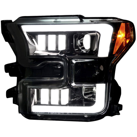Ford F150 15-17 Projector Headlights w/ Ultra High Power Smooth White OLED DRL Scanning Amber LED Turn Signals (Replaces OEM Halogen Style Headlights) - Smoked/Black