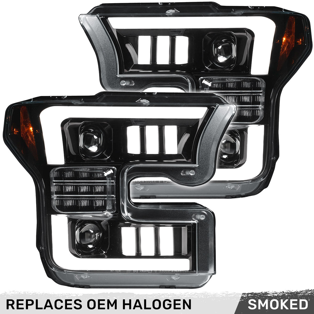 Ford F150 15-17 LED Projector Headlights w/ Ultra High Power Smooth White OLED DRL w/ Scanning Amber Turn Signals (Replaces OEM Halogen Headlights) - Multiple Styles