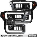 Ford F150 15-17 LED Projector Headlights w/ Ultra High Power Smooth White OLED DRL w/ Scanning Amber Turn Signals (Replaces OEM Halogen Headlights) - Multiple Styles