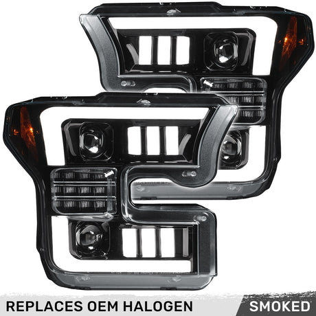 Ford F150 15-17 LED Projector Headlights w/ Ultra High Power Smooth White OLED DRL w/ Scanning Amber Turn Signals (Replaces OEM Halogen Headlights) - Multiple Styles