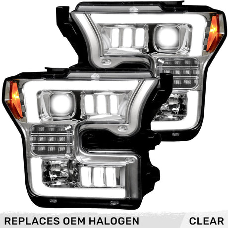 Ford F150 15-17 LED Projector Headlights w/ Ultra High Power Smooth White OLED DRL w/ Scanning Amber Turn Signals (Replaces OEM Halogen Headlights) - Multiple Styles