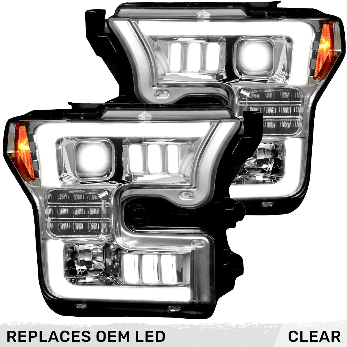 Ford F150 15-17 LED Projector Headlights w/ Ultra High Power Smooth White OLED DRL w/ Scanning Amber Turn Signals (Replaces OEM LED Headlights) - Multiple Styles