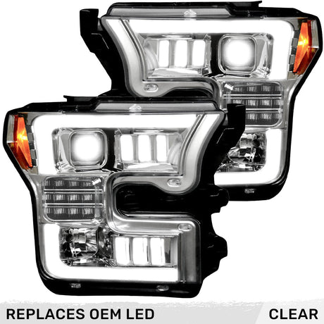 Ford F150 15-17 LED Projector Headlights w/ Ultra High Power Smooth White OLED DRL w/ Scanning Amber Turn Signals (Replaces OEM LED Headlights) - Multiple Styles