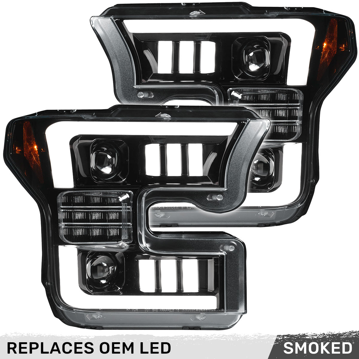 Ford F150 15-17 LED Projector Headlights w/ Ultra High Power Smooth White OLED DRL w/ Scanning Amber Turn Signals (Replaces OEM LED Headlights) - Multiple Styles