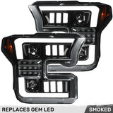 Ford F150 15-17 LED Projector Headlights w/ Ultra High Power Smooth White OLED DRL w/ Scanning Amber Turn Signals (Replaces OEM LED Headlights) - Multiple Styles