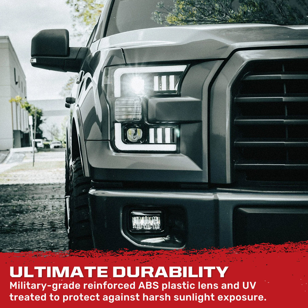Ford F150 15-17 LED Projector Headlights w/ Ultra High Power Smooth White OLED DRL w/ Scanning Amber Turn Signals (Replaces OEM LED Headlights) - Multiple Styles